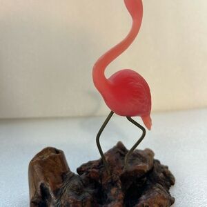 Pink Flamingo Figurine on Wooden Base